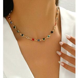 Colorful Round Inlaid Crystal Choker Necklace Collar Gold Chain Adjstbl Gemstone